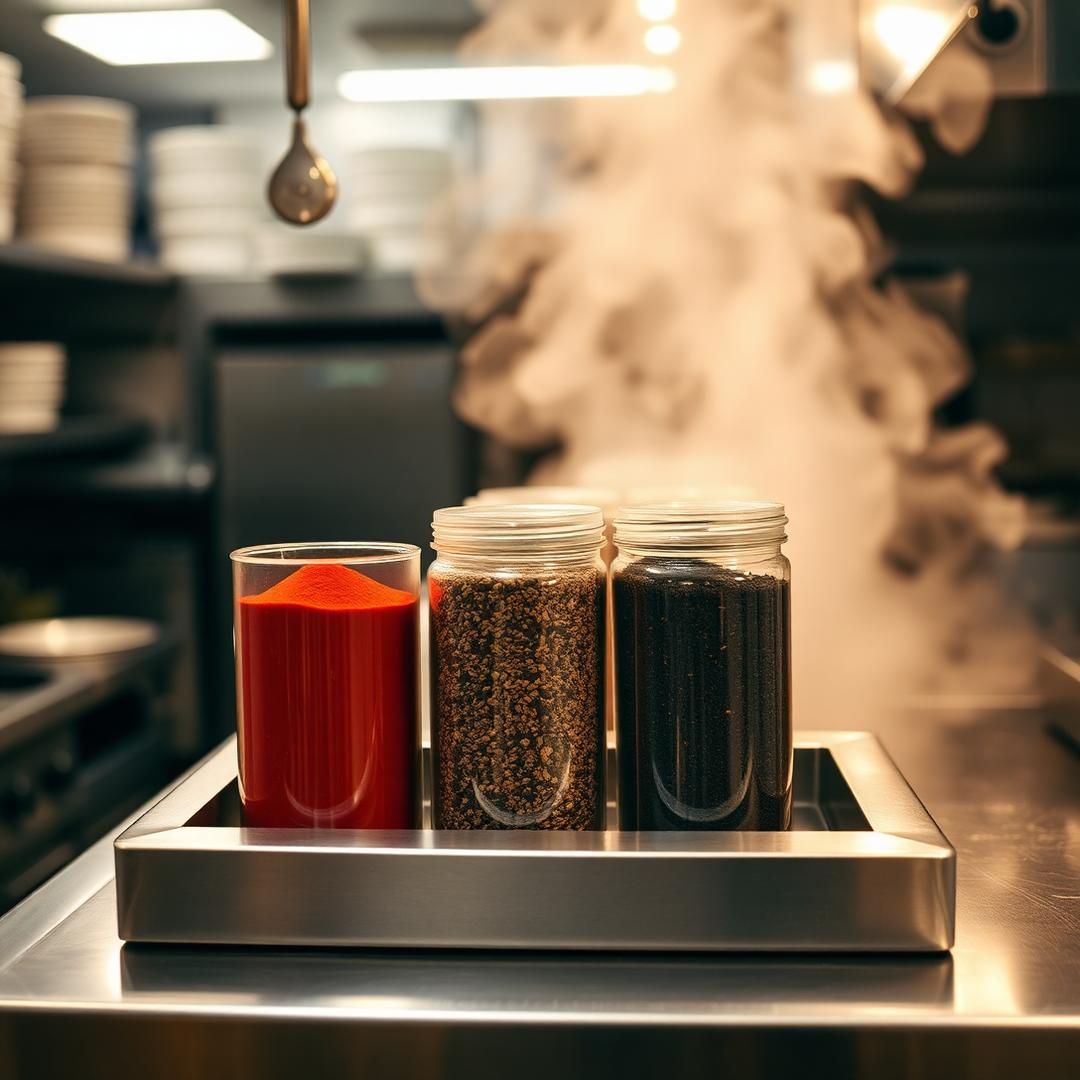 Bulk containers of paprika, black pepper and herb blends on a restaurant prep table