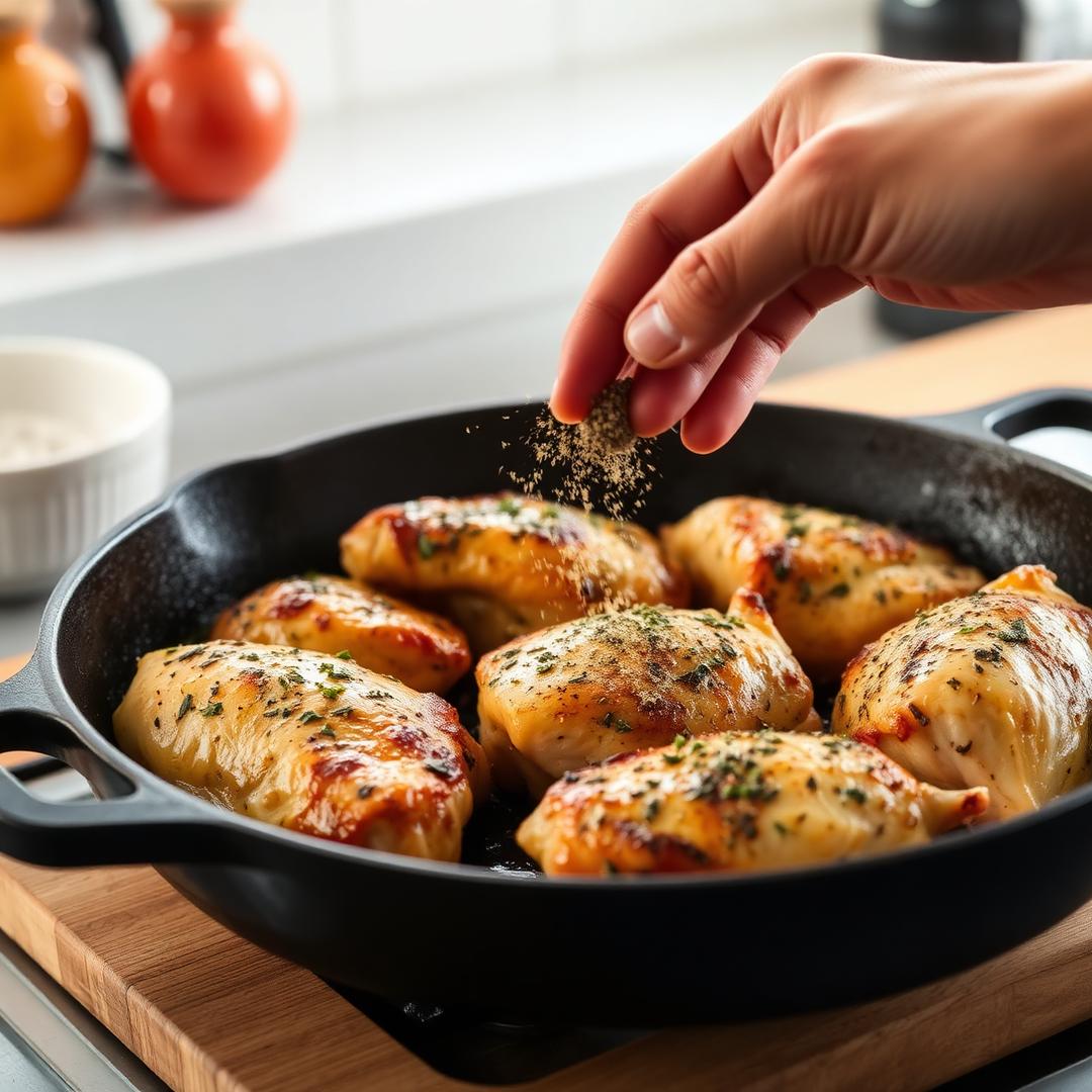 Golden seasoned chicken thighs in a cast iron skillet